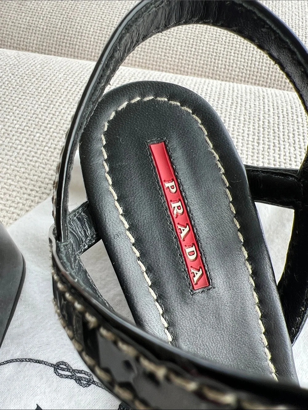 Prada Black Patent Leather Slingback Sandals with White Stitching Sz 37 - Picture 4 of 5